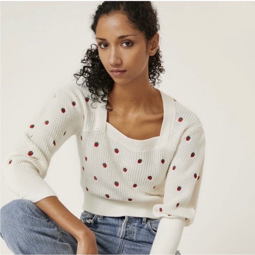 Anthropologie Maeve Embroidered Strawberry Sweater Cotton Size XS Square Neck
